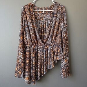 Free People Women M Black Orange Geometric Asymmetrical Bell Sleeve Peplum Top